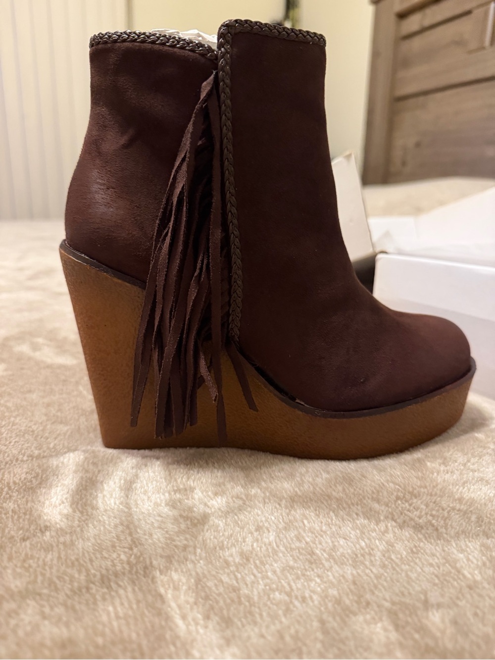 Olivia Miller Brown Fringe Suede Wedge Ankle Boots